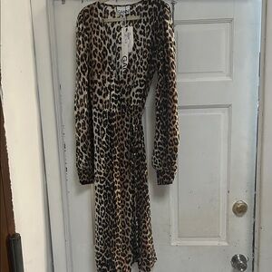 NWT Ganni Long Sleeve SILK Animal Print Wrap Dress -size 34/Small